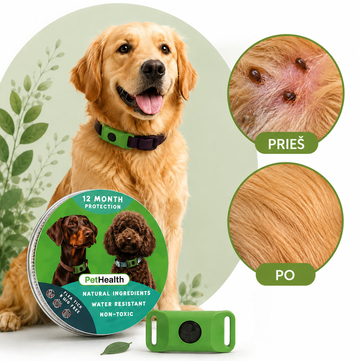 PetHealth™ Pakabukas Nuo Erkių ir Blusų Šunims - 12 Mėnesių Apsauga